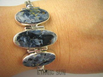 bb2997 Fantastyczna mieniąca się Bransoleta Wielobarwny Iskrzący Pietersyt z Namibii - Kamień Burzy Srebro 925 #