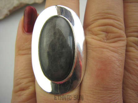 bpe4424 MAGICZNY Pierścień OKAZ 3,8 cm Najwyższa jakość OBSYDIAN SREBRZYSTY - chroni przed zawiścią, „złym spojrzeniem” r.15 Srebro 925 #