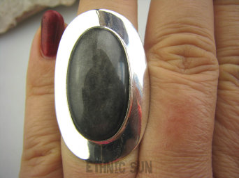 bpe4424 MAGICZNY Pierścień OKAZ 3,8 cm Najwyższa jakość OBSYDIAN SREBRZYSTY - chroni przed zawiścią, „złym spojrzeniem” r.15 Srebro 925 #