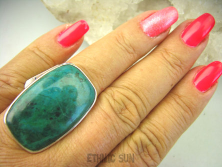 bpe8164 CUD NATURY Duży Klasyczny Okaz Pierścień naturalna CHRYZOKOLA I AZURYT r.19 Srebro 925 #