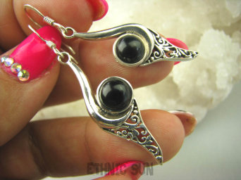 bke883 Delikatne Lekkie Podłużne Kolczyki Czarny ONYKS - regeneruje SERCE, EGZEMY, PAMIĘĆ Srebro 925