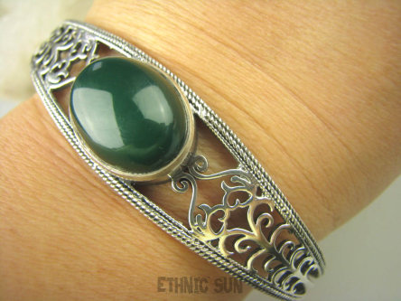 bb3076 Biżuteria Egzotyczna -  DUŻA 26g BRANSOLETA na szerszą dłoń MOCNA Ażurowa Otwarta  Bangla Zielony Onyks GRUBE Srebro 925 #