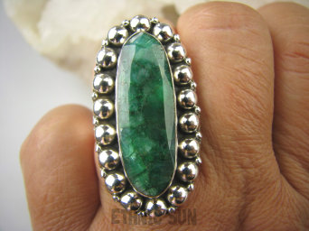 bpee3784 Kunsztowny DUŻY Długi 3.9 cm Pierścień Zielony Szmaragd Indyjski - kamień Miłości Szmaragdy r.17 Srebro 925 #