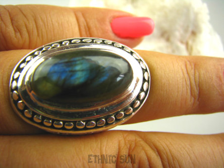 bpe3080  Niezwykły OKAZ Pierścień naturalny Labradoryt Spektrolit kamień Zorzy Polarnej r.17 Srebro 925 #