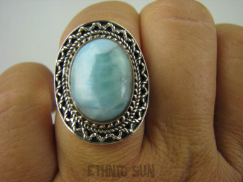bpe6412 Egzotyczny Pierścień Rzadki Błękitny Larimar (kamień Anielski ) - stawy, serce lęki, otwiera czakrę gardła r.17 Srebro 925 #