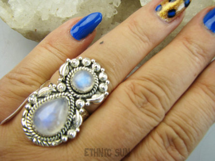 bpe9601 FENOMENALNY Czarodziejsko Piękny Długi 3.4cm Pierścionek Pierścień mieniący Kamień Księżycowy r.19 Srebro 925 #