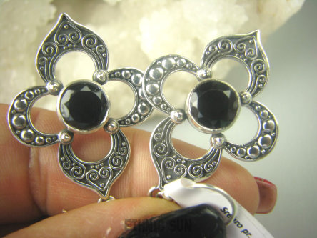 bkee959 Kunsztowne Egzotyczne DUŻE PIĘKNE Kolczyki szlifowany Czarny Onyks kamień zadaniowy Srebro 925