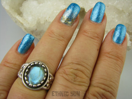 bpee3477  CUDOWNY !! Biżuteria Egzotyczna Delikatny Pierścień szlifowany Niebieski Labradoryt Spektrolit kamień Zorzy Polarnej r.16 Srebro 925 #