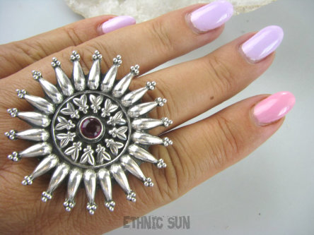 bpe6168 Egzotyczne Słońce !!! Gigant 25 gramów !!! Front 4.8 cm !! Duży Pierścień Różowy Rubin Indyjski REGULOWANY r.17, r.18, r.19, r.20, r.21, r.22, r.23 SREBRO 925 #