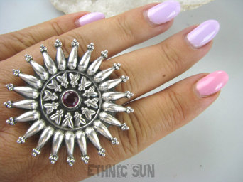 bpe6168 Egzotyczne Słońce !!! Gigant 25 gramów !!! Front 4.8 cm !! Duży Pierścień Różowy Rubin Indyjski REGULOWANY r.17, r.18, r.19, r.20, r.21, r.22, r.23 SREBRO 925 #