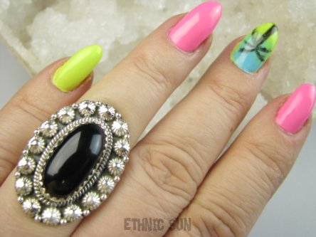 bpe9590 PIĘKNY OKAZ !!! Wyjatkowy Pierścień Pierścionek Czarny ONYKS regeneruje SERCE, EGZEMY, PAMIĘĆ r.16 Srebro 925 #