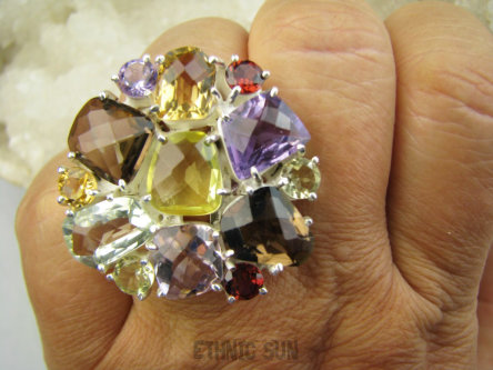 bpee4571 Królewski Klejnot ! WIELOBARWNY DUŻY 19g OKAZ ! Pierścień Pierścionek naturalny Cytryn, Ametyst, Kwarc Dymny, Granaty r.16 SREBRO 925 #