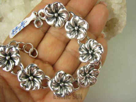 bb3588  Na szczupłe nadgarstki Fantastyczna Duża Wygodna Lśniąca Bransoleta regulowana  17-19cm Kwiaty 7 sztuk Bransoletka cała ze Srebra dmuchane Srebro 925 #