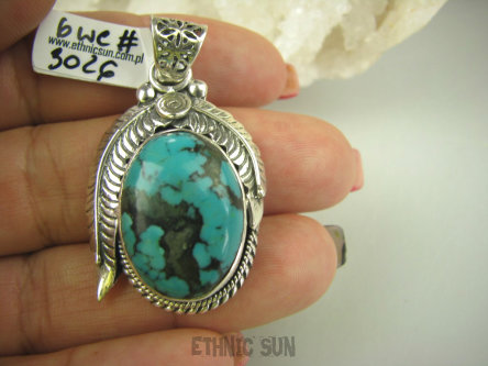 bwe3026 BIŻUTERIA ORIENTALNA !!! Duży Egzotyczny WISIOR Indian Nawaho ORLE PIÓRO naturalny TURKUS Turkusy Srebro 925 #