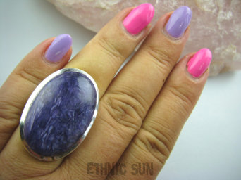 bpe4959 DROGOCENNY Rzadki CZAROIT KAMIEŃ JASNOWIDZÓW Duży Klasyczny PIERŚCIEŃ r.15 Srebro 925 #