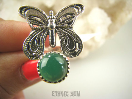 bpe9122 CUDO FILIGRAN ! Ażurowy MOTYL - Symbol Miłości Szczęścia i Radości Pierścień, Pierścionek Zielony Onyks r.13 Srebro 925 #