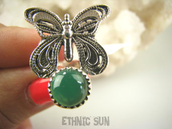 bpe9122 CUDO FILIGRAN ! Ażurowy MOTYL - Symbol Miłości Szczęścia i Radości Pierścień, Pierścionek Zielony Onyks r.13 Srebro 925 #