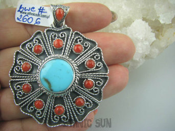 bwe2606 PRZEPIĘKNY DUŻY 28 G Front 5.8 CM! WISIOR Z NEPALU !!!  Orientalny Wisior naturalny TURKUS ARIZONA i KORAL Turkusy Srebro 925 #