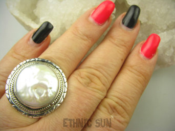 bpee3962 Wielka PERŁA BIWA CUDO piękny Elegancki Pierścień Pierścionek z niesamowitą DUŻA opalizująca perła r.15/ r.16 Srebro 925 #