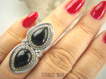 bpe8938 PIĘKNY OKAZ !!! Długi 4 cm Pierścień Pierścionek Czarny ONYKS regeneruje SERCE, EGZEMY, PAMIĘĆ r.14 Srebro 925 #