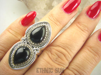 bpe8938 PIĘKNY OKAZ !!! Długi 4 cm Pierścień Pierścionek Czarny ONYKS regeneruje SERCE, EGZEMY, PAMIĘĆ r.14 Srebro 925 #