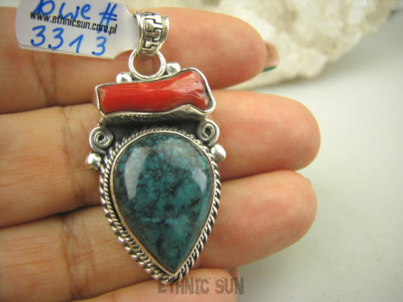 bwe3313 Biżuteria Egzotyczna !!! Zawieszka Wisior naturalny TURKUS Koral Gałązka Turkusy Srebro 925 #