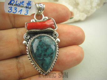 bwe3313 Biżuteria Egzotyczna !!! Zawieszka Wisior naturalny TURKUS Koral Gałązka Turkusy Srebro 925 #