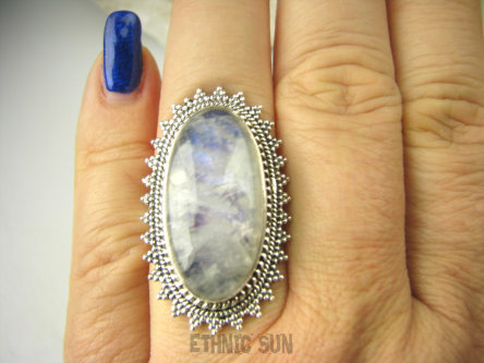 bpe8749 Duży 3,6xm Lodowy Pierścień Pierścionek Biało Chabrowy Kamień Księżycowy r.16  Srebro 925 #
