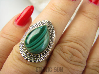 bpe8998 Delikatny Pierścionek PIERŚCIEŃ z zielonym Malachitem Malachit - pobudza kreatywność r.14/ r.15 Srebro 925