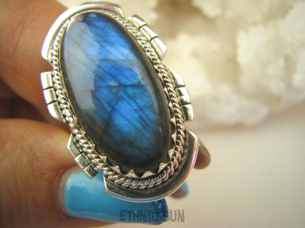 bpe8577 Czarodziejsko Piękny DUŻY Pierścień Pierścionek Labradoryt Spektrolit - kamień Zorzy Polarnej r.16 Srebro 925 #