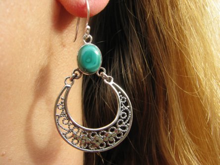 bke778 Duże długie 5.7 cm  szerokie Ażurowe Przepiękne orientalne Kolczyki Malachit - pobudza kreatywność Srebro 925 