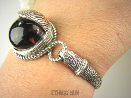 bb3721 NOWOŚĆ !!! Pięknie zdobiona OTWIERANA BRANSOLETA 32 g Bransoletka Bangla z możliwością odpinania na szczuple dłonie Czekoladowy Kwarc Dymny Srebro 925 #
