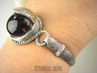 bb3721 NOWOŚĆ !!! Pięknie zdobiona OTWIERANA BRANSOLETA 32 g Bransoletka Bangla z możliwością odpinania na szczuple dłonie Czekoladowy Kwarc Dymny Srebro 925 #