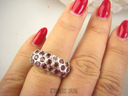 bpee4144 BARDZO MASYWNA Obrączka Pierścień Pierścionek z granatami naturalnymi  Granaty r.15 SREBRO RODOWANE 925 #