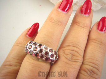 bpee4144 BARDZO MASYWNA Obrączka Pierścień Pierścionek z granatami naturalnymi  Granaty r.15 SREBRO RODOWANE 925 #