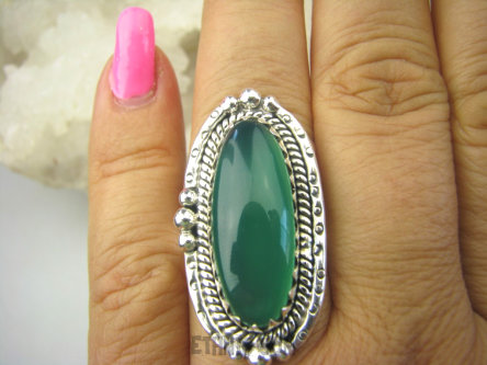bpe7956 PIĘKNY OKAZ !!!  Egzotyczny Pierścień Zielony ONYKS regeneruje SERCE, EGZEMY, PAMIĘĆ r.17 Srebro 925 #