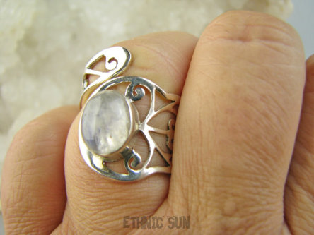 bpe9318 Artystyczny Ażurowy Regulowany Pierścień Pierścionek Kamień Księżycowy r.15, r.16, r.17, r.18 szeroka obrączka Srebro 925