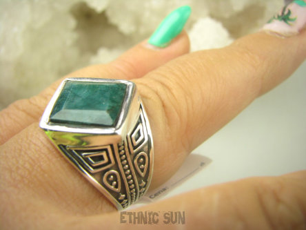 bpee4096 UNISEX DUŻY MĘSKI lub damski SYGNET Pierścień Pierścionek Szmaragd Indyjski Szmaragdy r.19 Srebro 925 #