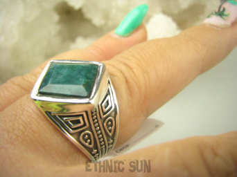 bpee4096 UNISEX DUŻY MĘSKI lub damski SYGNET Pierścień Pierścionek Szmaragd Indyjski Szmaragdy r.19 Srebro 925 #