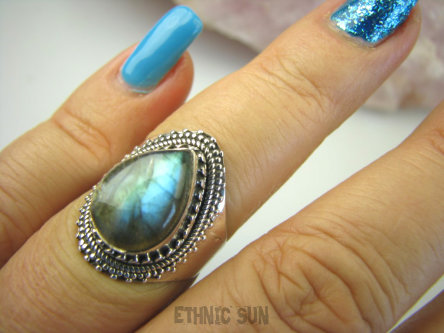 bpe8448 Egzotyczny Delikatny Pierścień Pierścionek Niebieski Złoty LABRADORYT Spektrolit - kamień Zorzy Polarnej r.14/ r.15 SREBRO 925