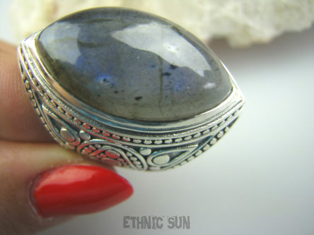 bpe4877 Masywny szaro niebieski GIGANT 22 GRAMY !!  Duży Pierścień Labradoryt Spektrolit kamień Zorzy Polarnej r.23/r.24 Srebro 925 #