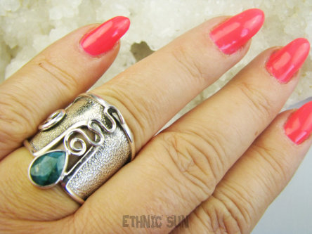 bpee4575 PIĘKNY GORSET niespotykany wzór ciekawy Regulowany PIERŚCIEŃ Pierścionek Szmaragd Indyjski Szmaragdy szeroka obrączka r.17, r.18, r.19 Srebro 925 #