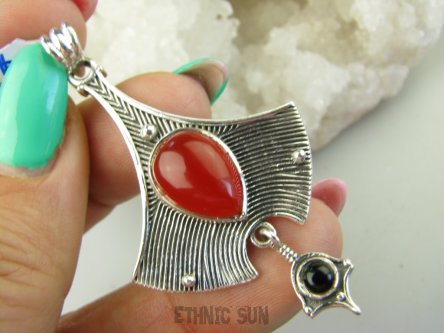 bwe3594 ZABÓJCZO PIĘKNY WACHLARZ Długi Wisior 5.9 cm Czerwony i czarny Onyks egzotyczne wzornictwo SREBRO 925 #