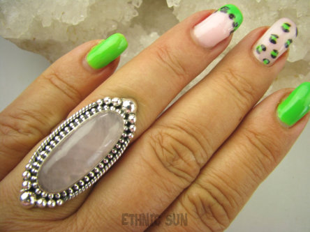 bpe7888 Długi 4cm OKAZ !!!! Egzotyczny Pierścień KWARC Różowy Kamień mocnego SERCA r.16/ r.17 Srebro 925 #