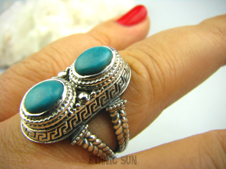 bpe2183 Cudny PIERŚCIEŃ Greckie wzory naturalny TURKUS - turkusy  r.21 Srebro 925 #