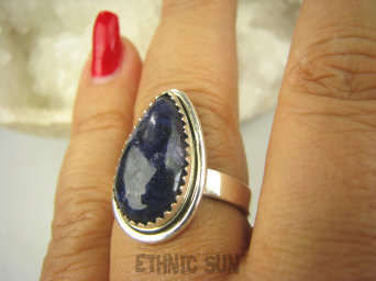 bpe7983 Atramentowa Szafirowa Kropla Delikatny Pierścień Szafir Indyjski Szafiry r.19 Srebro 925 #