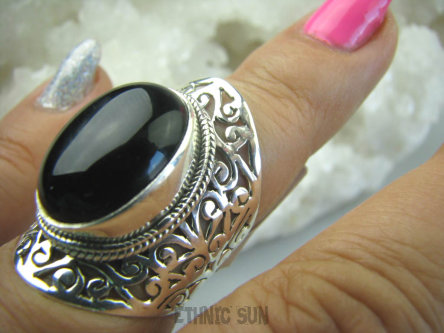 bpe5982 Cudowny AŻUROWY  DUŻY  Pierścień Piękny okaz Czarny ONYKS r.13 Srebro 925 #