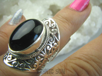 bpe5982 Cudowny AŻUROWY  DUŻY  Pierścień Piękny okaz Czarny ONYKS r.13 Srebro 925 #