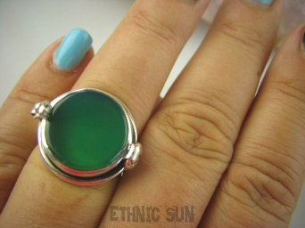 bpe6302 Biżuteria Orientalna !!! Otwierany Pierścień na Zdjęcia, Marzenia lub truciznę SEKRETNIK Zielony ONYKS r.15 Srebro 925 #