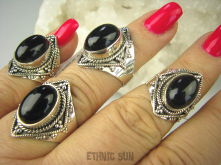 bpe6859 Śliczny Orientalny Delikatny Pierścień czarny ONYKS regeneruje SERCE, EGZEMY, PAMIĘĆ r.14 Srebro 925